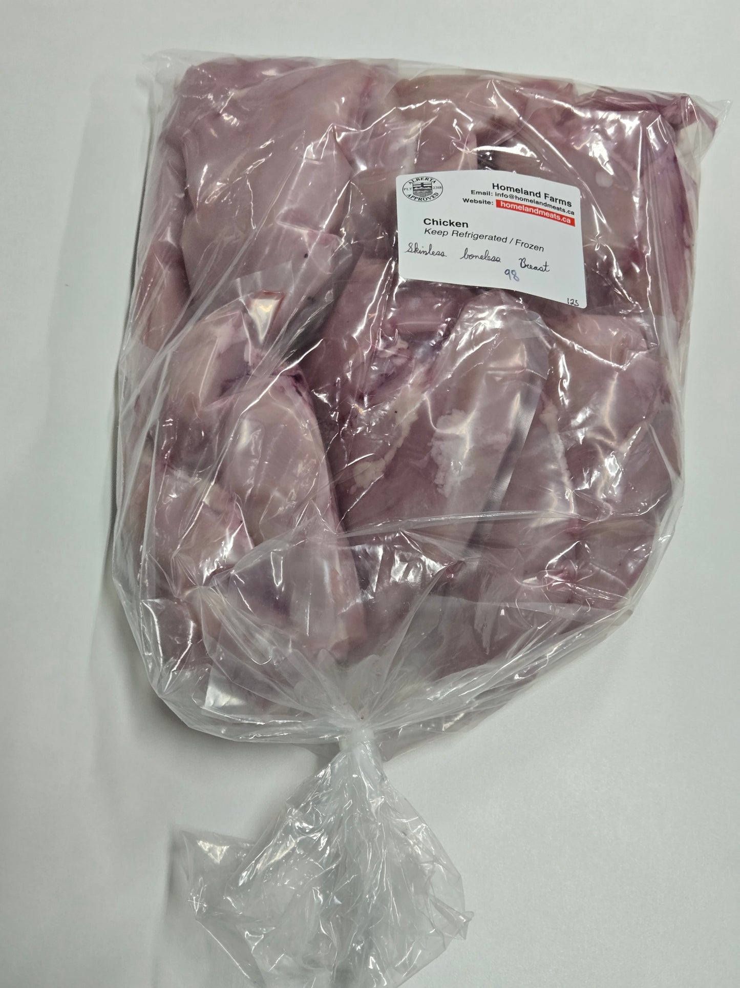 Alberta's-finest-chicken-breasts-boneless-skinless (14 lbs. $7.00/lb). Packaged 2 breasts per bag, each bag is vacuum sealed for optimal freshness and 6 bags of 2 breasts to 1 bigger bag, approximately 14 lbs.